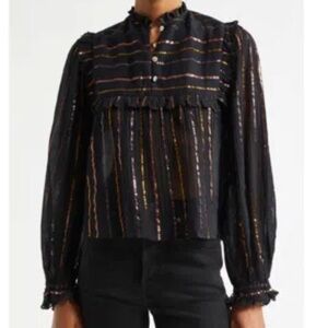 MWOT Farm Rio Metallic Stripe Ruffle Shirt, size S